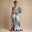 Women's Striped One-Shoulder Ruched-Waist Long-Sleeve Slit Maxi Dress