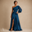 Women's Striped One-Shoulder Ruched-Waist Long-Sleeve Slit Maxi Dress