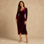 Women's V-Neck Long-Sleeve Ruched-Waist Wrap-Front Midi Dress