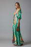 Women's Boho Printed Kaftan V-Neck Tie Waist Flowy Maxi Dress